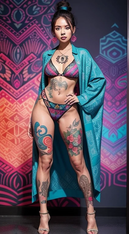 Asian WOMAN with fully tattooed body with very colorful patterns((full body tattooed with intense color patterns))
