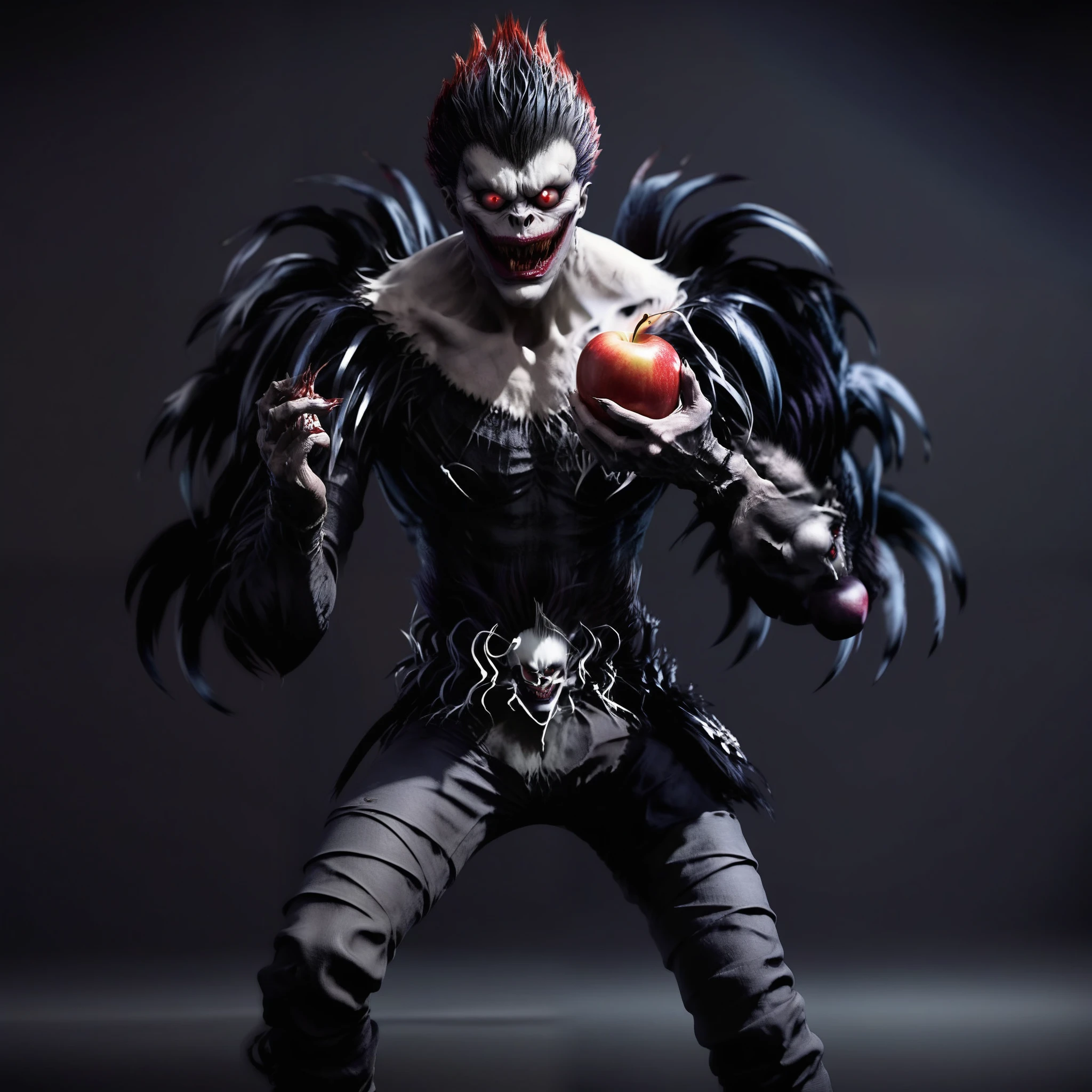 full body, Ryuk1024, a demon, eating a red apple, highly detailed, photography, ultra sharp, film, bokeh, professional, on a white background more details