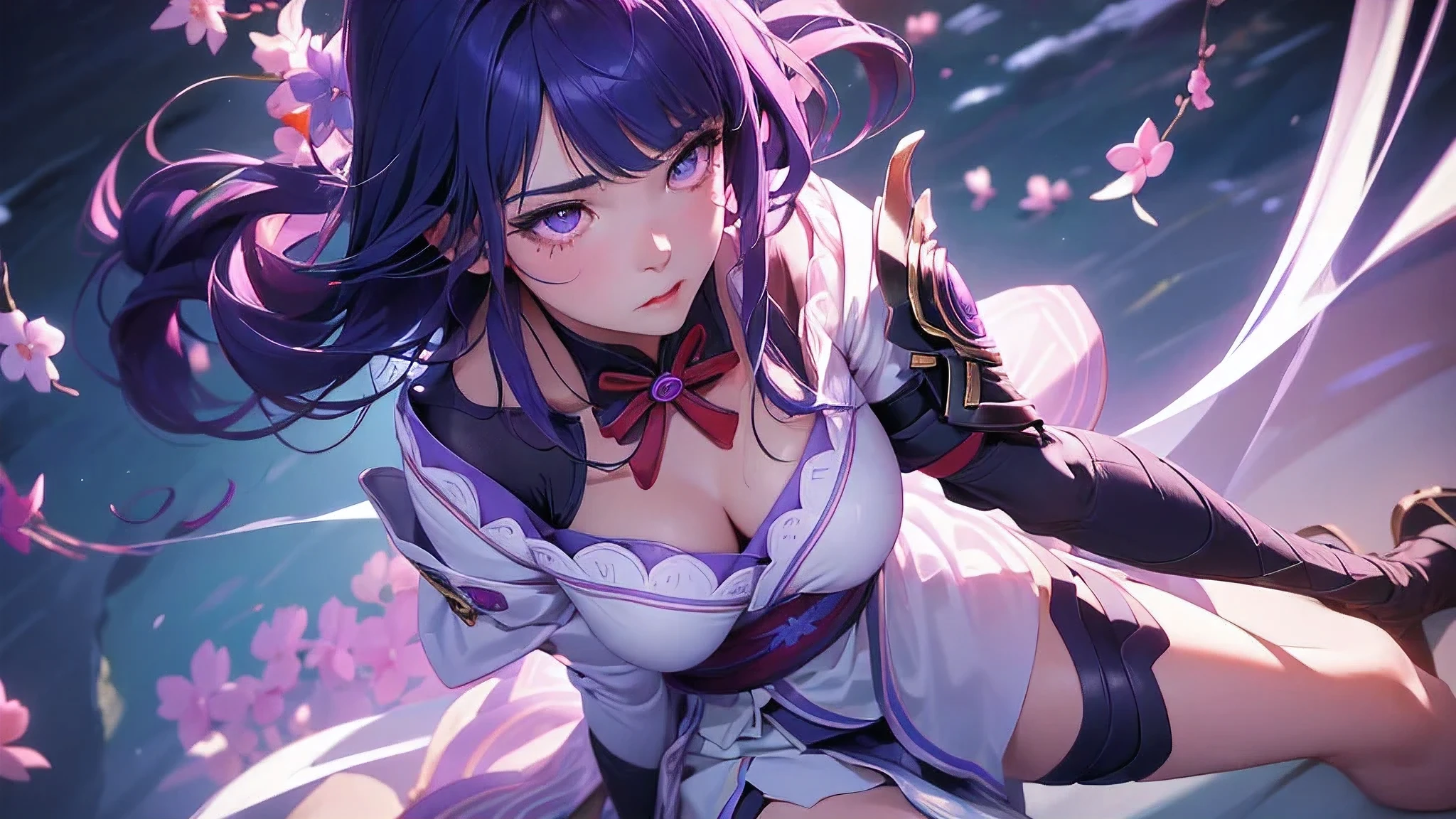 ((Above the knee image:1.4))Japanese Shrines, (highest quality,Realistic,masterpiece:1.2,8k wallpaper:1.2),((Pale skin)),solo,women only,((Genshin Impact_Impact,General Raiden)),Lightning Particles,Purple Lightning,Light background,cherry blossoms,Purple Theme,Delicate facial features,Sexy and beautiful anime girls,General Raiden,Long purple hair,Rosy lips,Anime Mouth,shut up.,(Very sad face),fine grain,Big breast type,