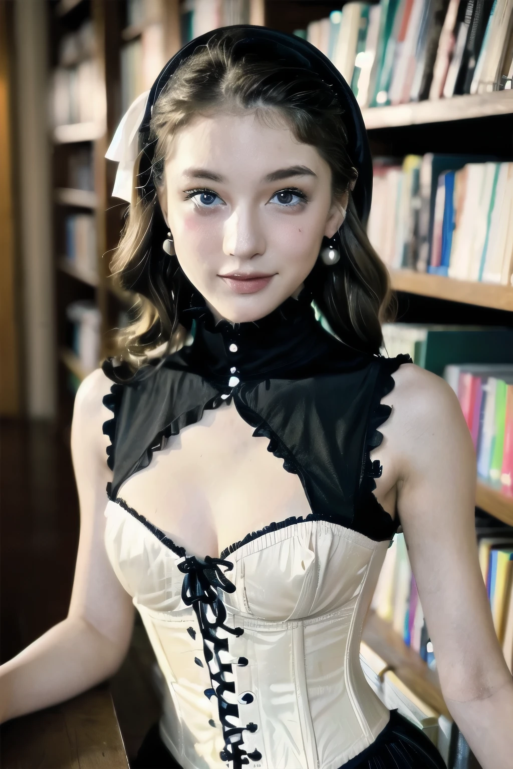 (((Browsing Caution)))、(((Spread your legs)))、((detailed、highest quality、8k、masterpiece:1.3))、One Woman、smile、(Brown Hair:1.2)、Beautiful Ukrainian woman:1.3、(Casual Hairstyles、Small breasts:1.2)、in house、Super detailed Face、detailedな目、double eyelid、(Gothic ta:1.2)、(White Tight Corset:1.2)、library、From below、(((14 yd)))、(((Beautiful Skin)))