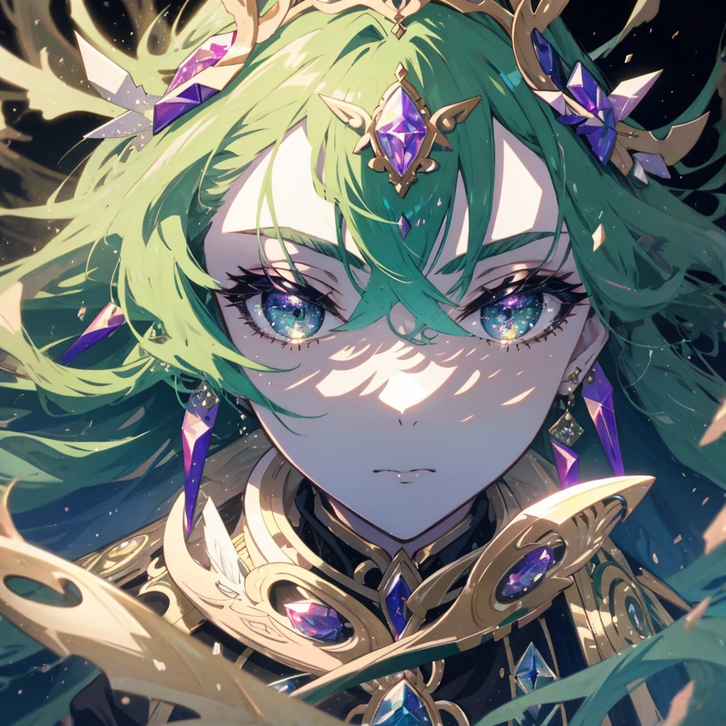 A magnificent digital anime masterpiece showcases a beastgirl character with an ethereal, intricately drawn face boasting gothic makeup, Fair complexion, and an enchanting melancholic sophistication reminiscent of Art Nouveau. The background is resplendent in a deep, captivating black, subtly accentuated with specks of precious metals, exhibiting a perfect 8K, UHD picture. In the heart of this painting lies the kaleidoscopic style, with meticulous attention to every minute detail.