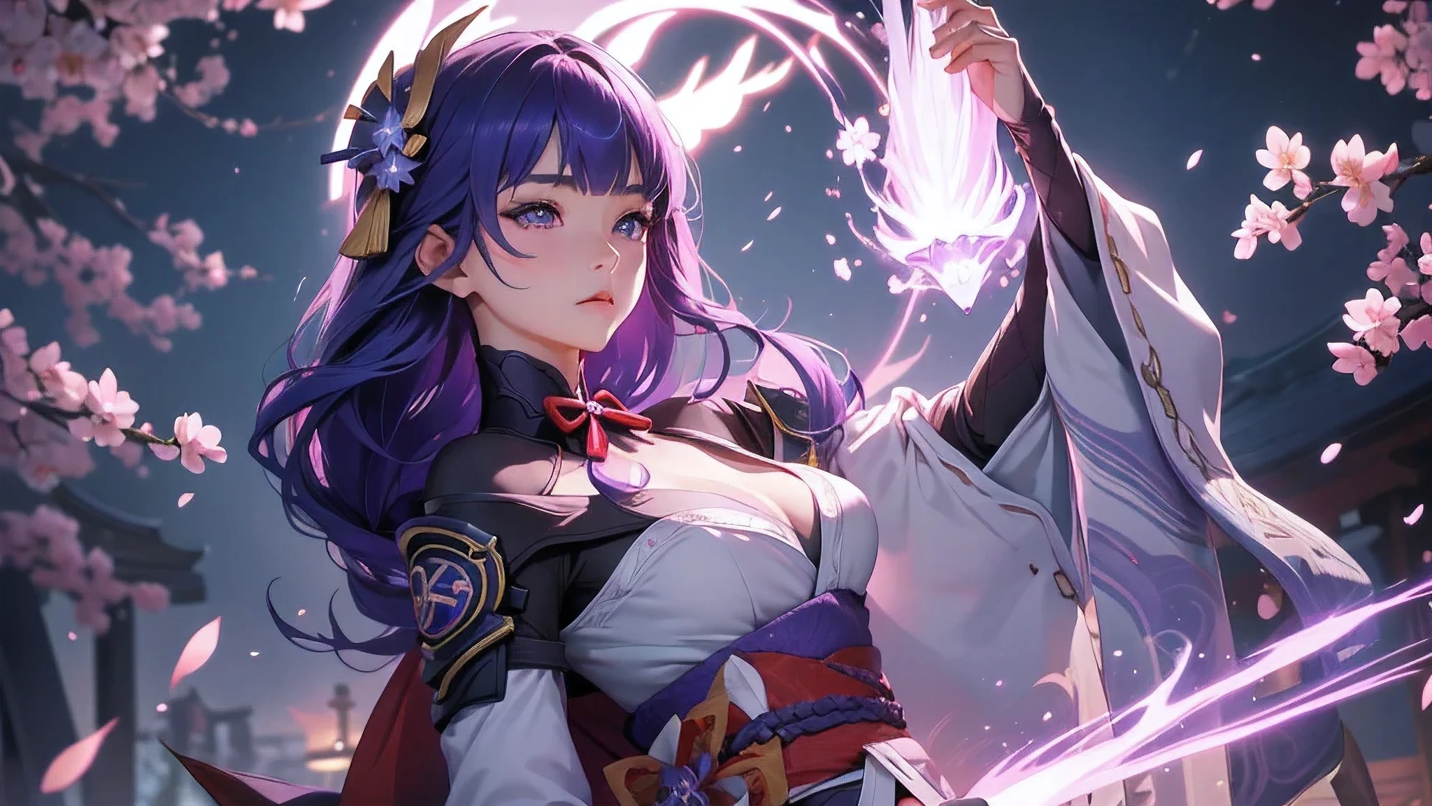 Japanese Shrines, (highest quality,Realistic,masterpiece:1.2,8k wallpaper:1.2),((Pale skin)),solo,women only,((Genshin Impact_Impact,General Raiden)),Lightning Particles,Purple Lightning,Light background,cherry blossoms,Purple Theme,Delicate facial features,Sexy and beautiful anime girls,General Raiden,Long purple hair,Rosy lips,Anime Mouth,shut up.,(Very sad face),fine grain,Big breast type,