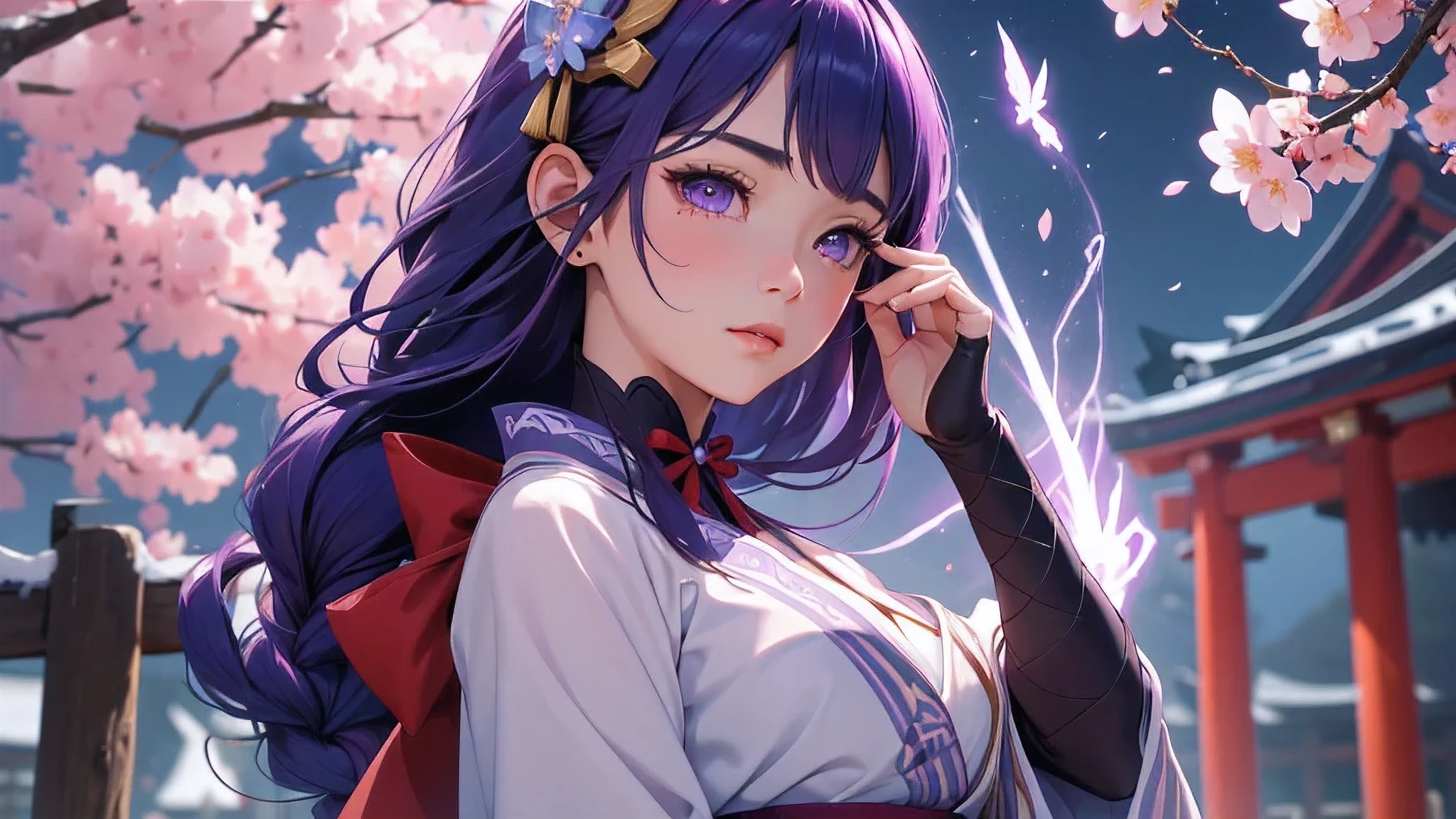 Japanese Shrines, (highest quality，Realistic,masterpiece:1.2，8k wallpaper:1.2)，((Pale skin))，solo，women only，((Genshin Impact_Impact，General Raiden))，Lightning Particles，Purple Lightning，Light background，cherry blossoms，Purple Theme，Delicate facial features，Sexy and beautiful anime girls，General Raiden，Long purple hair，Rosy lips，Anime Mouth，shut up.，(Very sad face)，fine grain，Big breast type，
