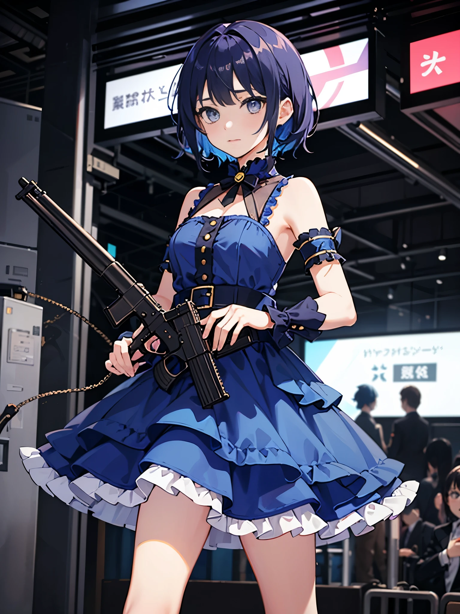 1girl, dress, ((idol costume)), blue clothes, holding gun, ((machine gun)), layered skirt, blue hair, grey eyes, short hair