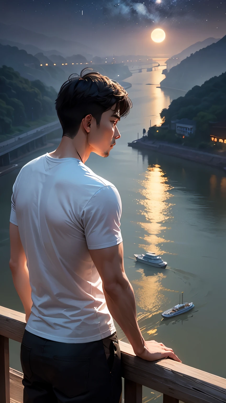 a man wearing white t shirt, standing on a yangtze river bridge, looking at the river with a cat looks at the river below, the sky is full of stars at night and full moonlight