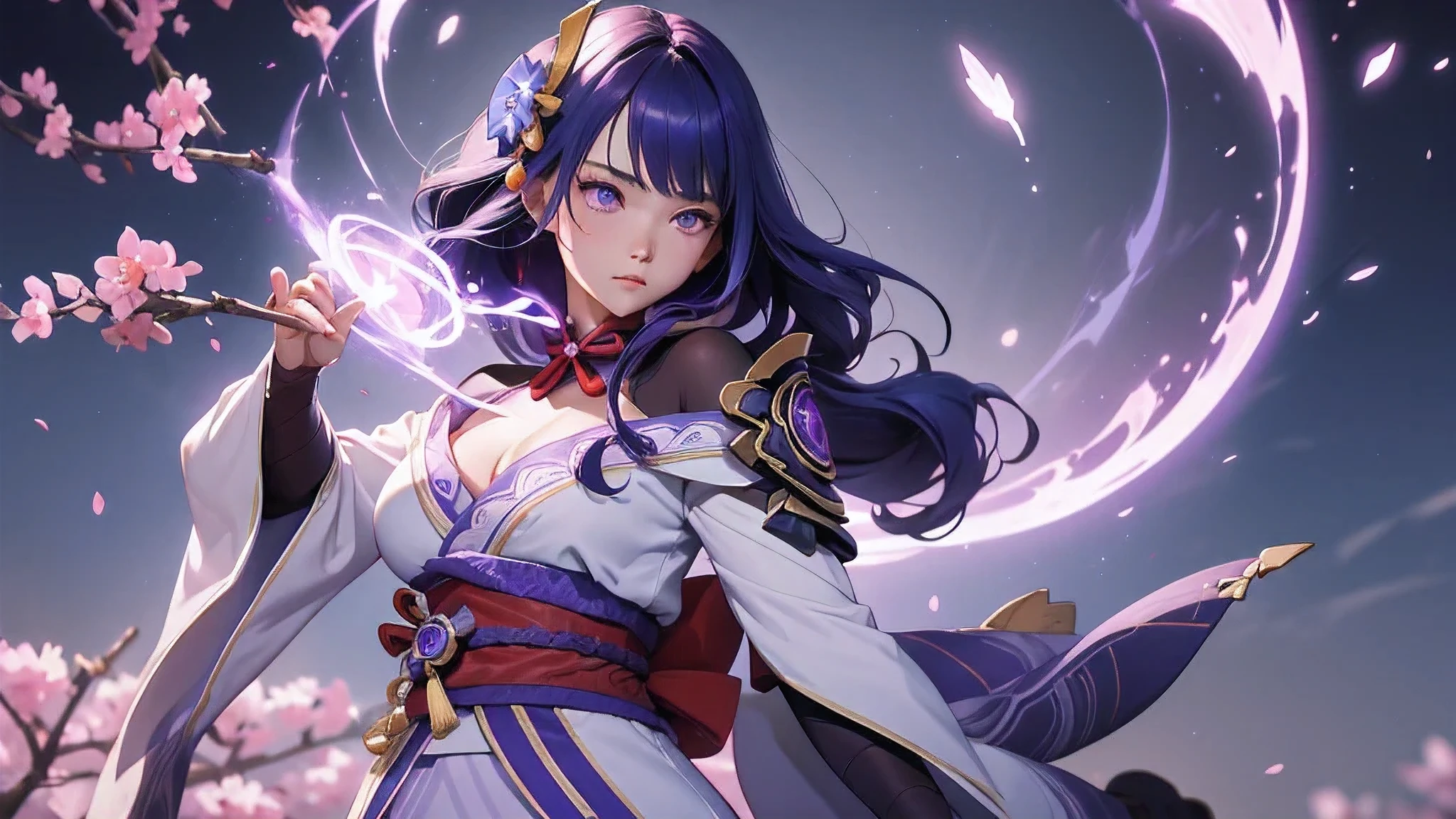 Japanese Shrines, (highest quality，Realistic,masterpiece:1.2，8k wallpaper:1.2)，((Pale skin))，solo，women only，((Genshin Impact_Impact，General Raiden))，Lightning Particles，Purple Lightning，Light background，cherry blossoms，Purple Theme，Delicate facial features，Sexy and beautiful anime girls，General Raiden，Long purple hair，Rosy lips，Anime Mouth，shut up.，(Very sad face)，fine grain，Big breast type，

