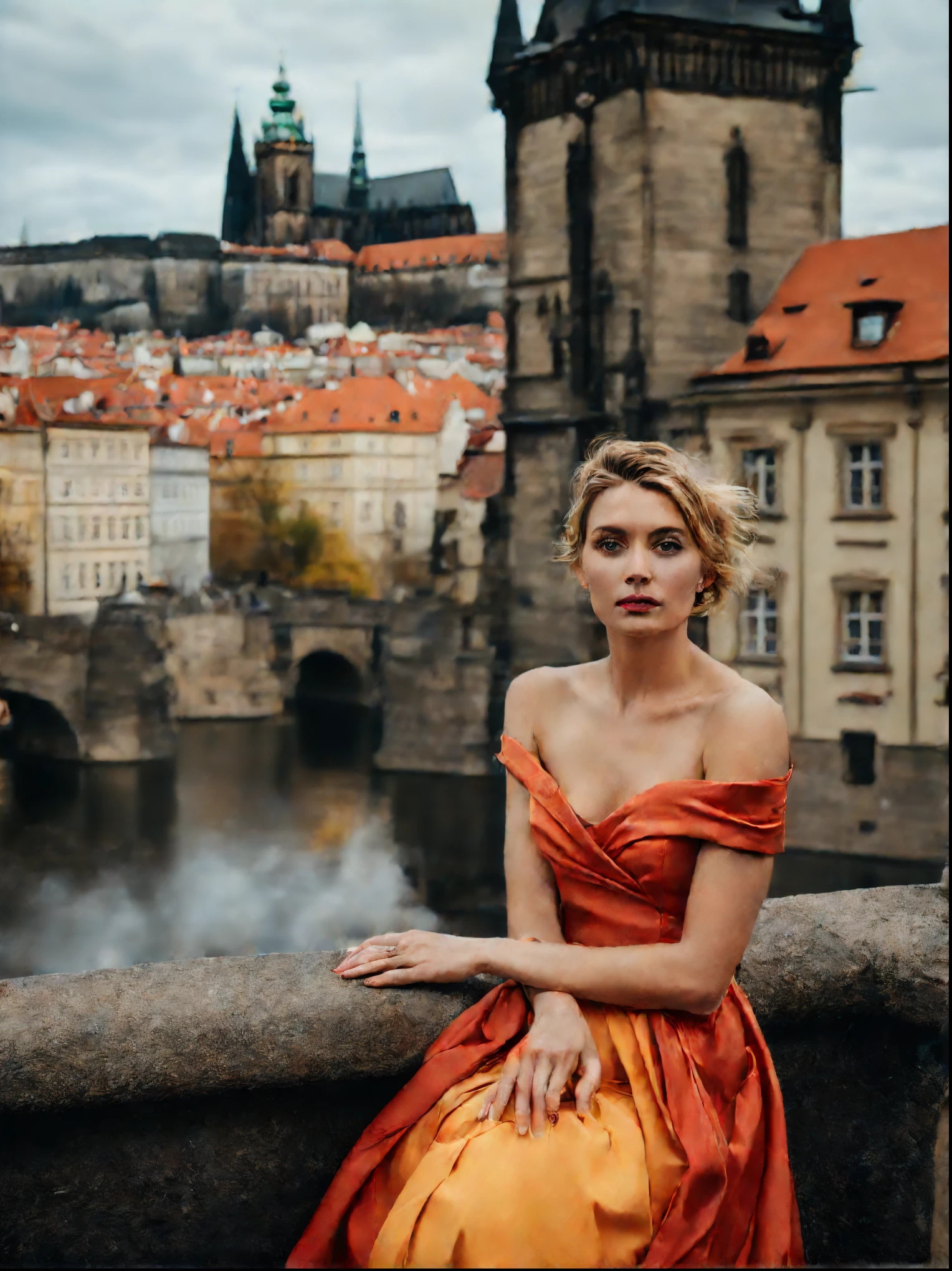 portrait of sks woman in Prague, at the Prague Castle, by Flora Borsi, style by Flora Borsi, bold, bright colours, ((Flora Borsi)), by Gregory Crewdson,