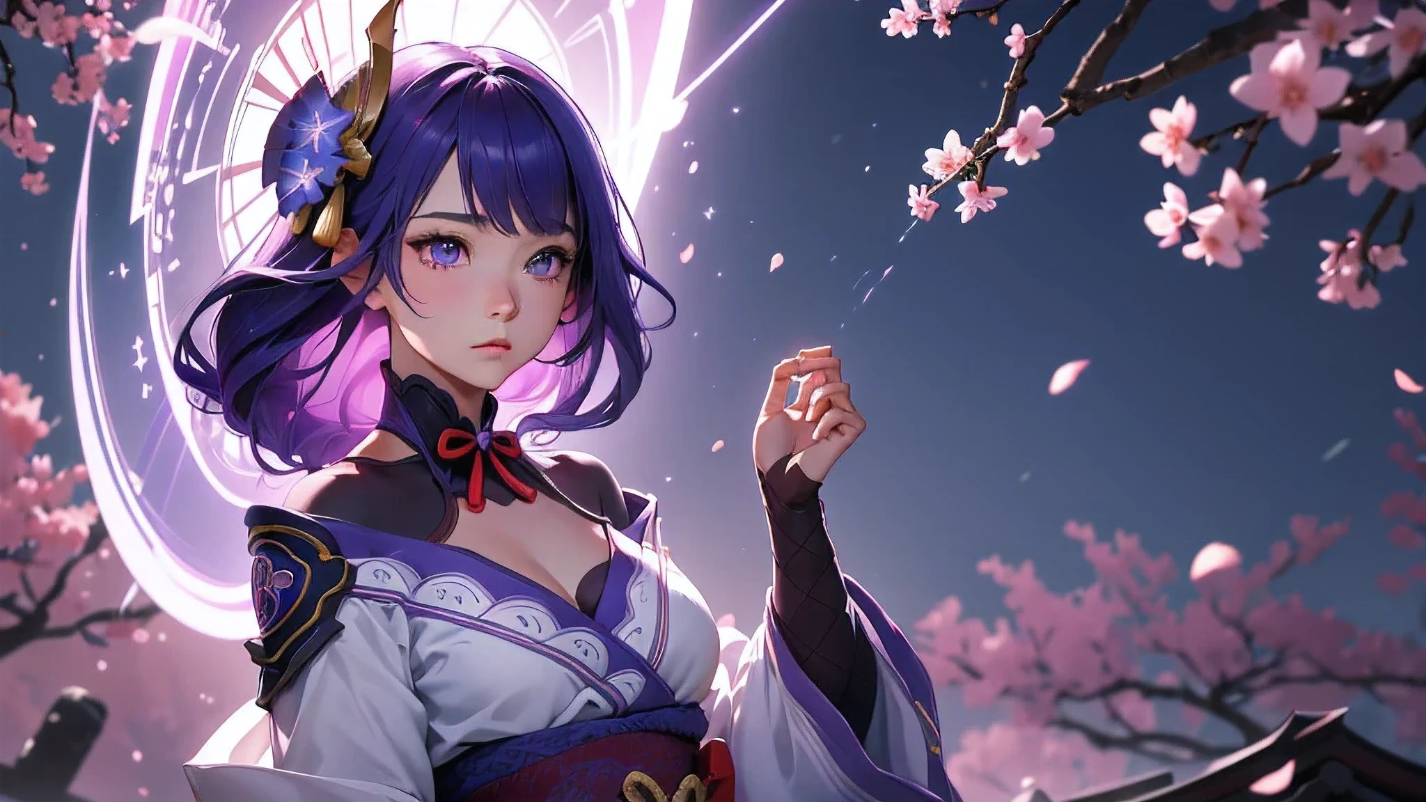Japanese Shrines, (highest quality,Realistic,masterpiece:1.2,8k wallpaper:1.2),((Pale skin)),solo,women only,((Genshin Impact_Impact,General Raiden)),Lightning Particles,Purple Lightning,Light background,cherry blossoms,Purple Theme,Delicate facial features,Sexy and beautiful anime girls,General Raiden,Long purple hair,Rosy lips,Anime Mouth,shut up.,(Very sad face),fine grain,Big breast type,