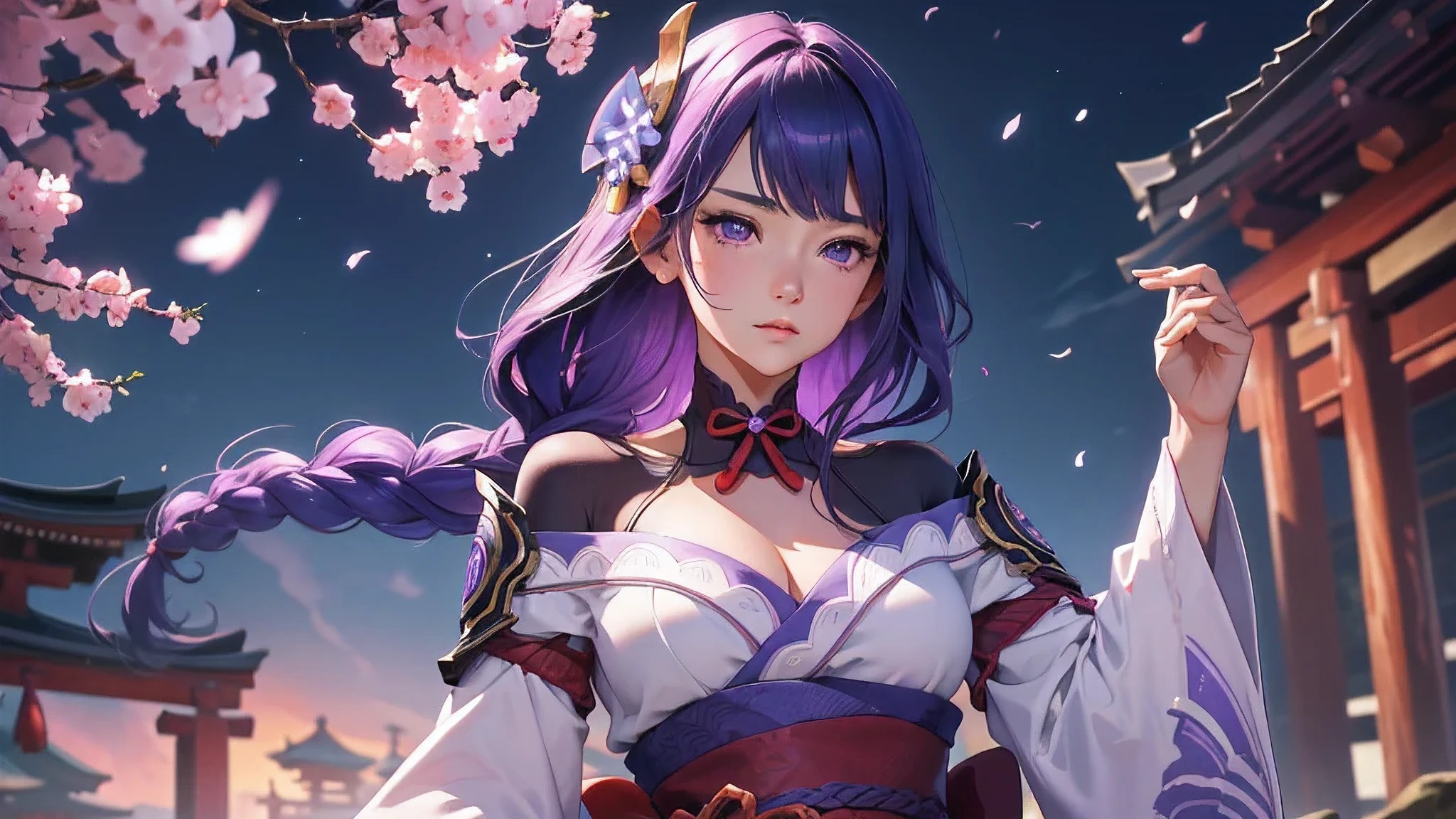 Japanese Shrines, (highest quality,Realistic,masterpiece:1.2,8k wallpaper:1.2),((Pale skin)),solo,women only,((Genshin Impact_Impact,General Raiden)),Lightning Particles,Purple Lightning,Light background,cherry blossoms,Purple Theme,Delicate facial features,Sexy and beautiful anime girls,General Raiden,Long purple hair,Rosy lips,Anime Mouth,shut up.,(Very sad face),fine grain,Big breast type,