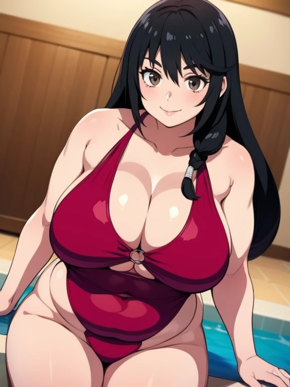 Plump black hair brown eyes  year 21 big breasts chubby longer hair happy smile black swimsuit