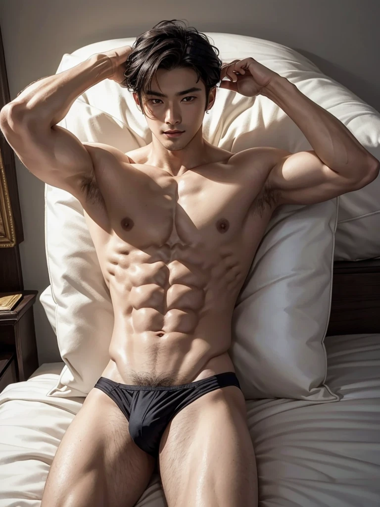 Masterpiece, Best Quality, Solo, Asian Actor Men, muscular, white skin, smooth underarm, bedroom background, lying on the bed, good lighting, Natural eyes, Short and delicate black hair, y Man, looking at the viewer, shirtless, sexikini, Small plots, Muscular posture, pubes