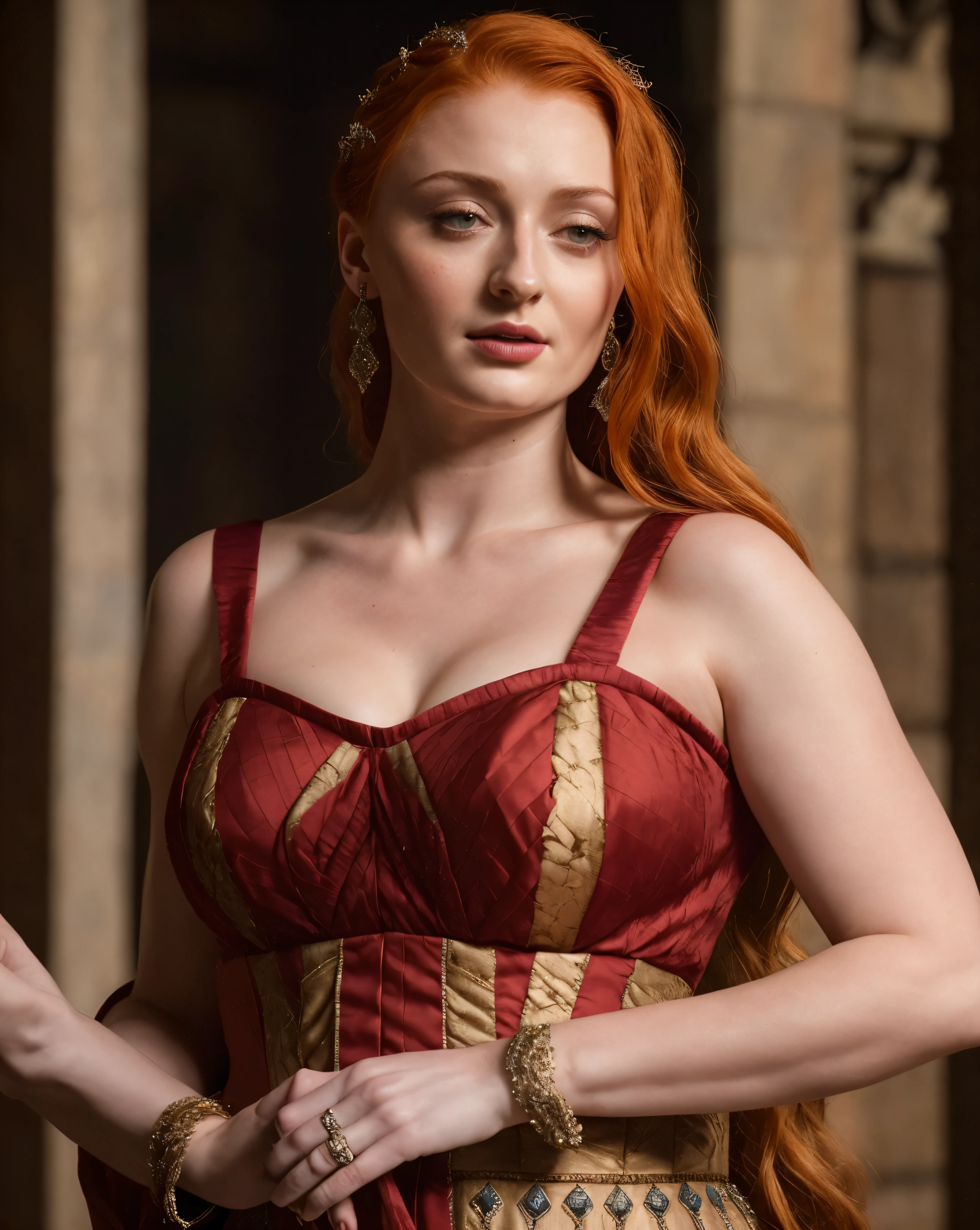 Face of Sophie Turner, Sansa Stark played by Sophie Turner, the de facto Lady of the Eyrie, is a 40-year-old mature queen with a stunning, alluring appearance. Full Face, pierced eyes, reddish lips, upper body shot, erotic Mediaeval costumes, game of thrones costumes, She wears a Game of Thrones-inspired costume and has a deep cleavage, a perfect thick body, and a perfect thick figure. The photograph captures her in a close-up, with her skin texture and facial features being ultra-realistic and realistic.