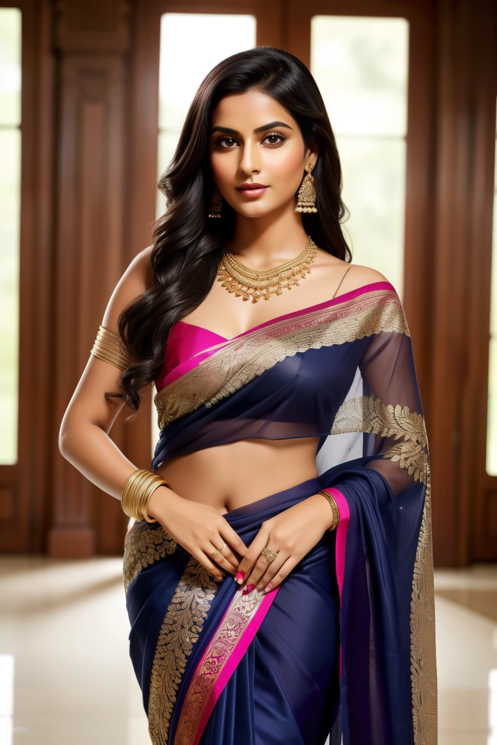 A woman in a vibrant saree, adorned with intricate tagos patterns, seductively reveals dress cutouts, teasingly leaving certain areas covered while exposing a hint of her curvaceous figure. Her long, glossy black hair cascades down her shoulders as her alluring gaze locks with the viewer. Her full body is tastefully concealed while maintaining an alluring sense of mystery. Her olive skin glows under the soft, warm lighting and her almond-shaped, dark eyes are accentuated by a pair of elegant bangle bracelets and a delicate necklace. The saree drapes gracefully around her body, revealing the contours of her figure, as she stands