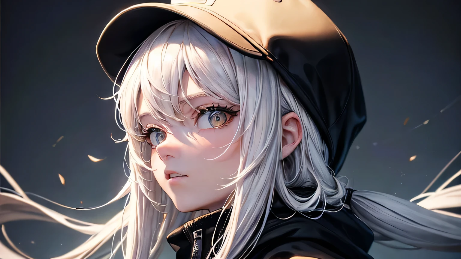 (oil, masterpiece, highest quality, Super detailed, Focus on the characters), One female,Long white hair,Large black hoodie,Baseball cap,Detailed hair depiction,Bar,([return:0.8]|[ face facing returnwards:1.1]), ,([Disco Scenario:1.2]|[ ground:1.3]| [High Contrast:1.1])  