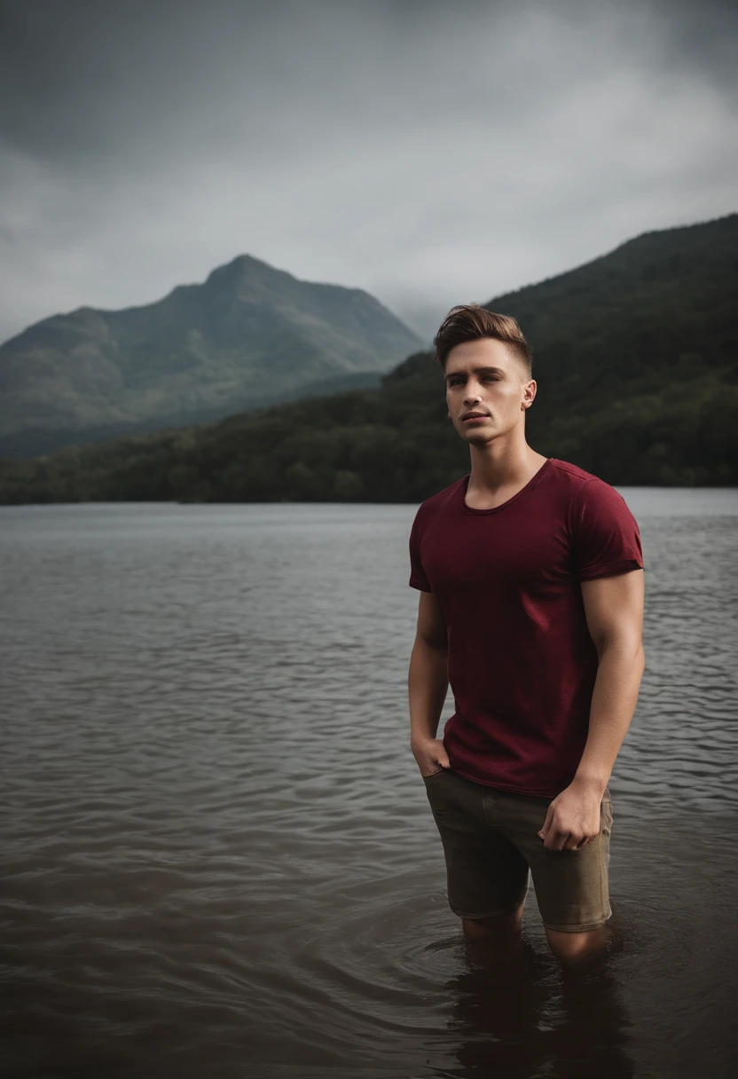 Hyper-realistic, ultradetailed, tmasterpiece. (day at sea:1.3). male, (22 years old, oval elongated face, andercat hairstyle:1.3), (standing in water:1.4). (full body, burgundy t-shirt, bronze neck chain:1.5), (brown hair:1.5), (mountains in the background:1.7).