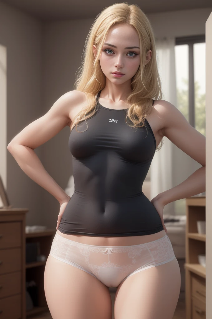 (((ultra realistic, ultra detailed, The best quality, 8k, HDR))), ((flat woman, tight underwear, skinny body)), (cameltoe, blonde), room