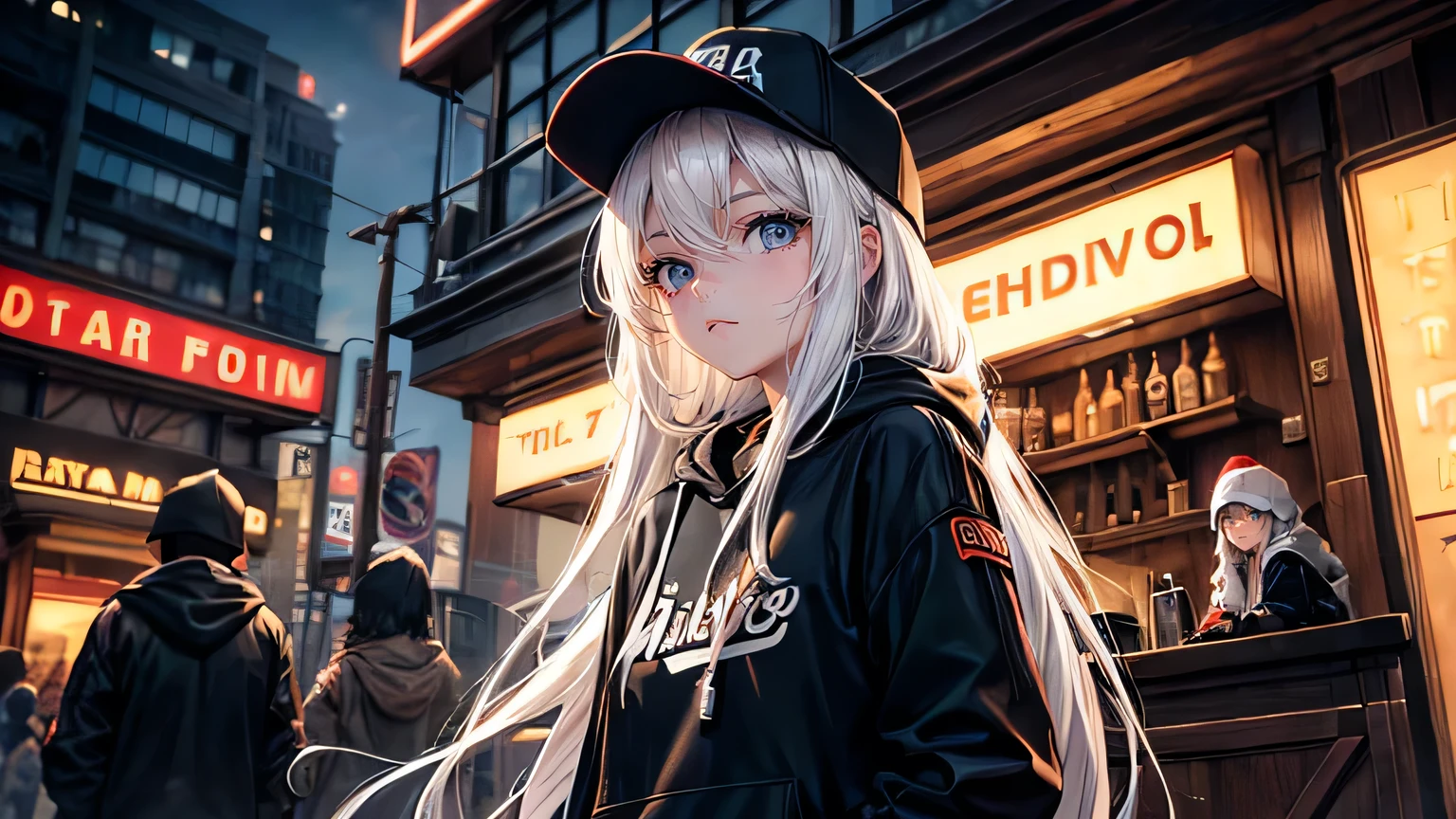 (oil, masterpiece, highest quality, Super detailed, Focus on the characters), One female,Long white hair,Large black hoodie,Baseball cap,Detailed hair depiction,Bar,([return:0.8]|[ face facing returnwards:1.1]), ,([Neon Town Scenario:1.2]|[ ground:1.3]| [High Contrast:1.1])  