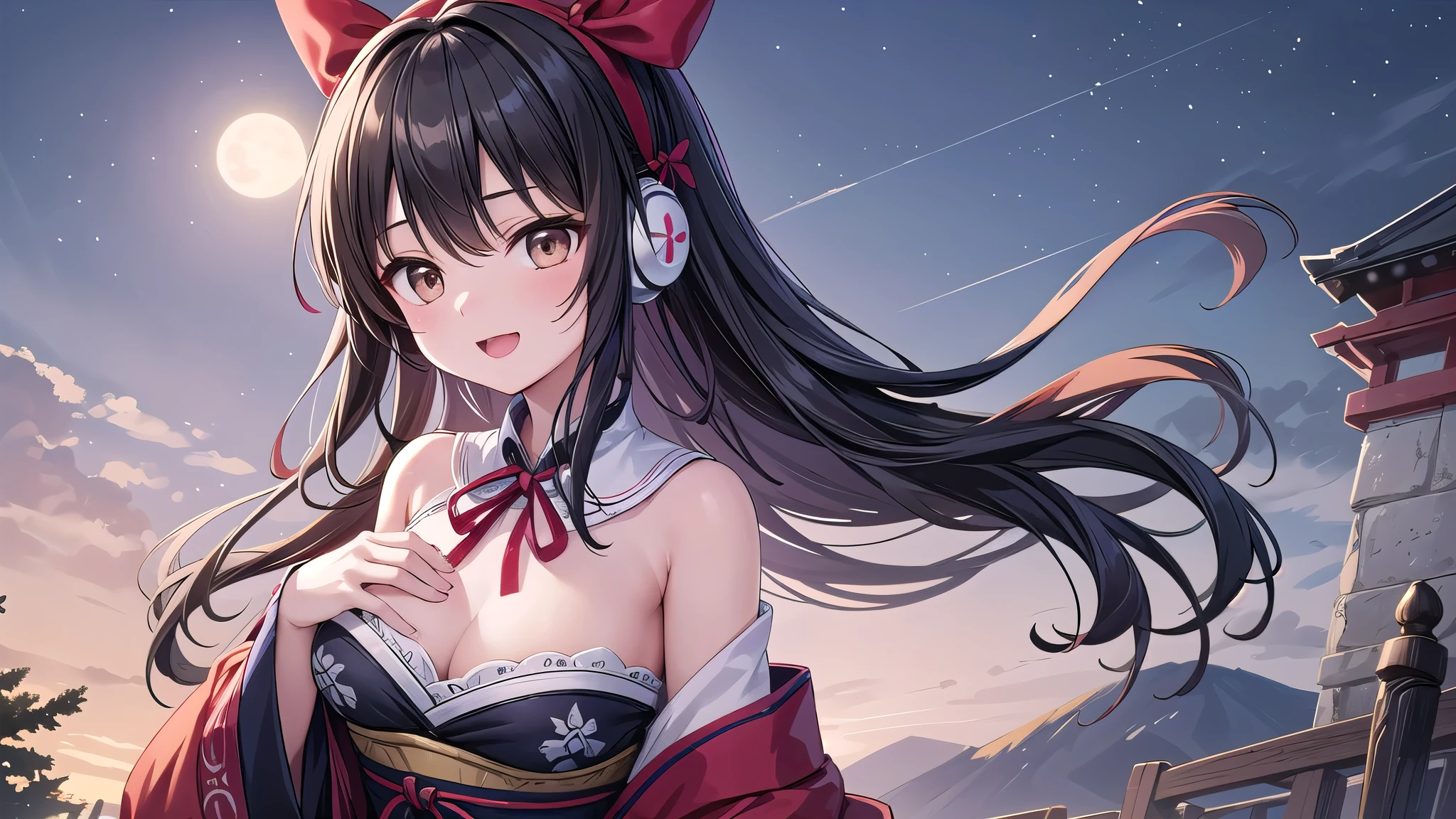 Solo Girl, ,Long Hair, Beautiful black hair, Brown eyes, Mid-chest, Happy,Ainu clothing,Beautiful chest decoration,Headphones, Big red hair ribbon,shrine,night, moonlight, highest quality, High resolution, Very detailed, Detailed Background, Perfect lighting,Correct grip,Holding a sword,