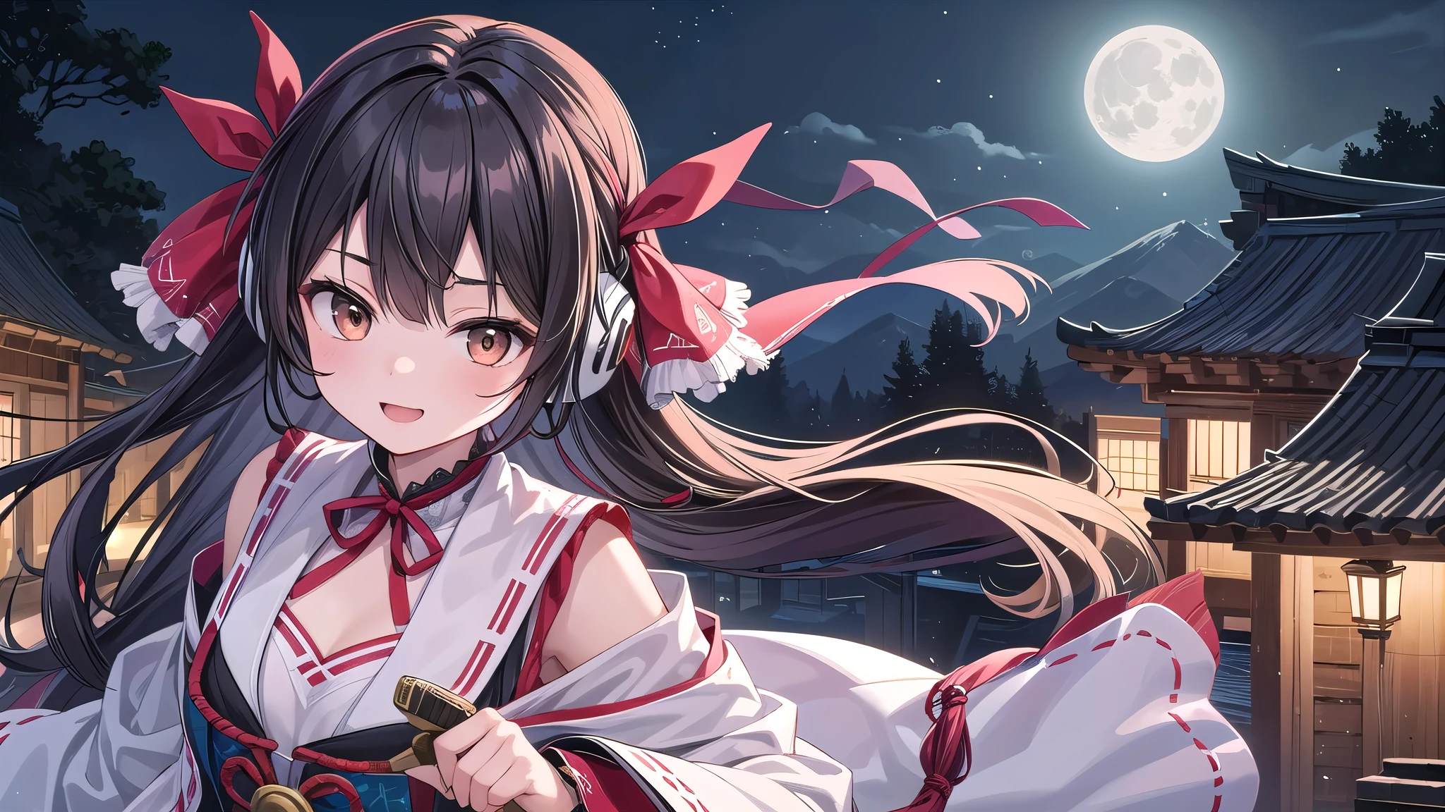 Solo Girl, ,Long Hair, Beautiful black hair, Brown eyes, Mid-chest, Happy,Ainu clothing,Beautiful chest decoration,Headphones, Big red hair ribbon,shrine,night, moonlight, highest quality, High resolution, Very detailed, Detailed Background, Perfect lighting,Correct grip,Holding a sword,