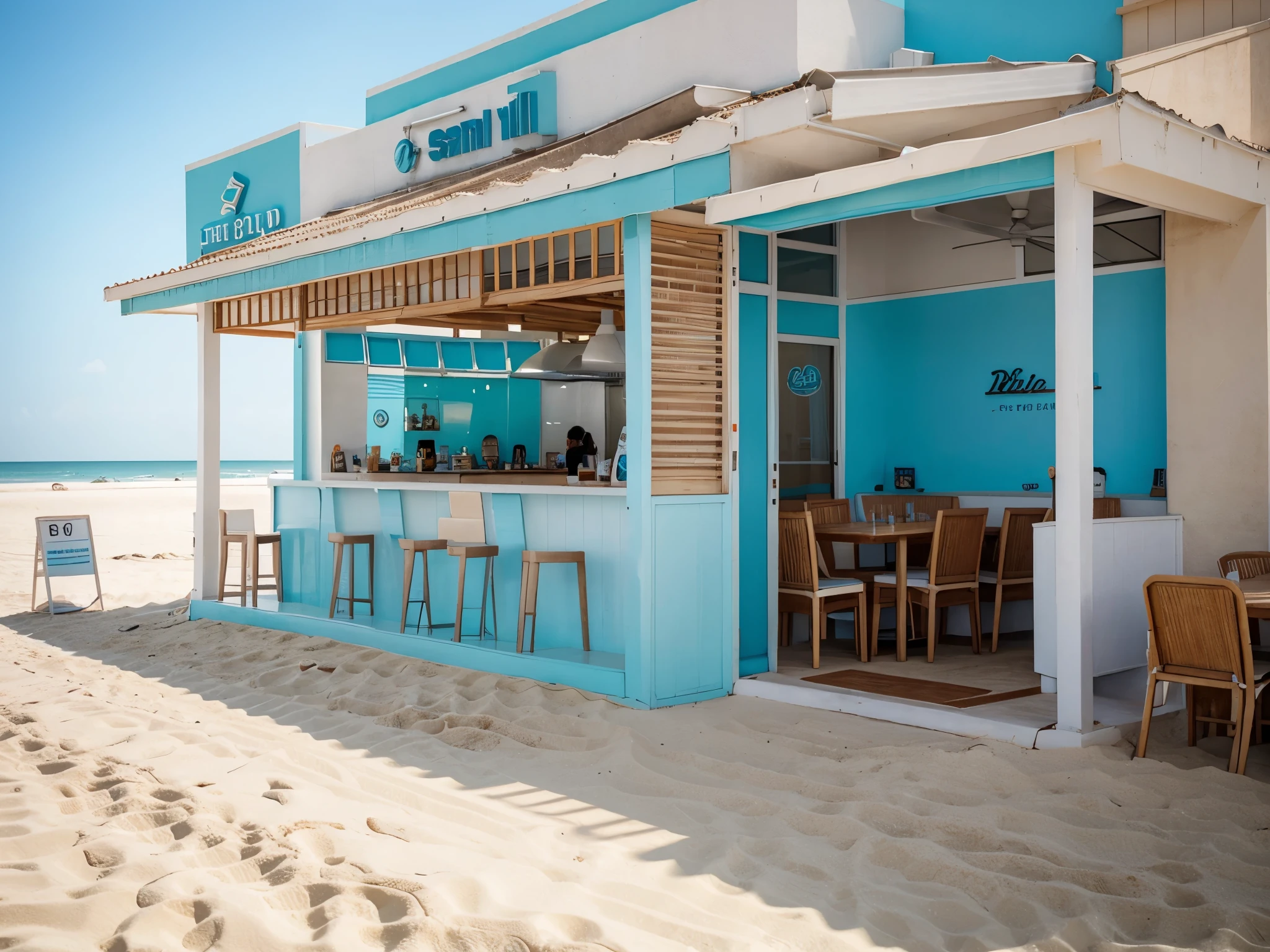 beach-style restaurant, minimalism, sand and light-blue colors, full hd, hyper realistic, the best quality