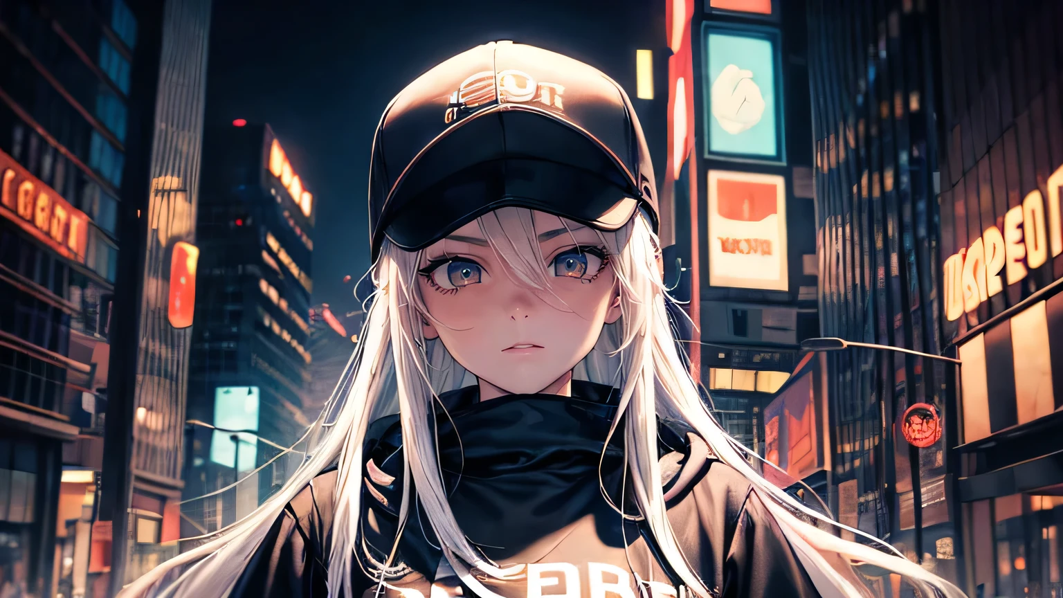 (oil, masterpiece, highest quality, Super detailed, Focus on the characters), One female,Long white hair,Large black hoodie,Baseball cap,Detailed hair depiction,Bar,([return:0.8]|[ face facing returnwards:1.1]), ,([Night neon city scenario:1.2]|[ ground:1.3]| [High Contrast:1.1])  