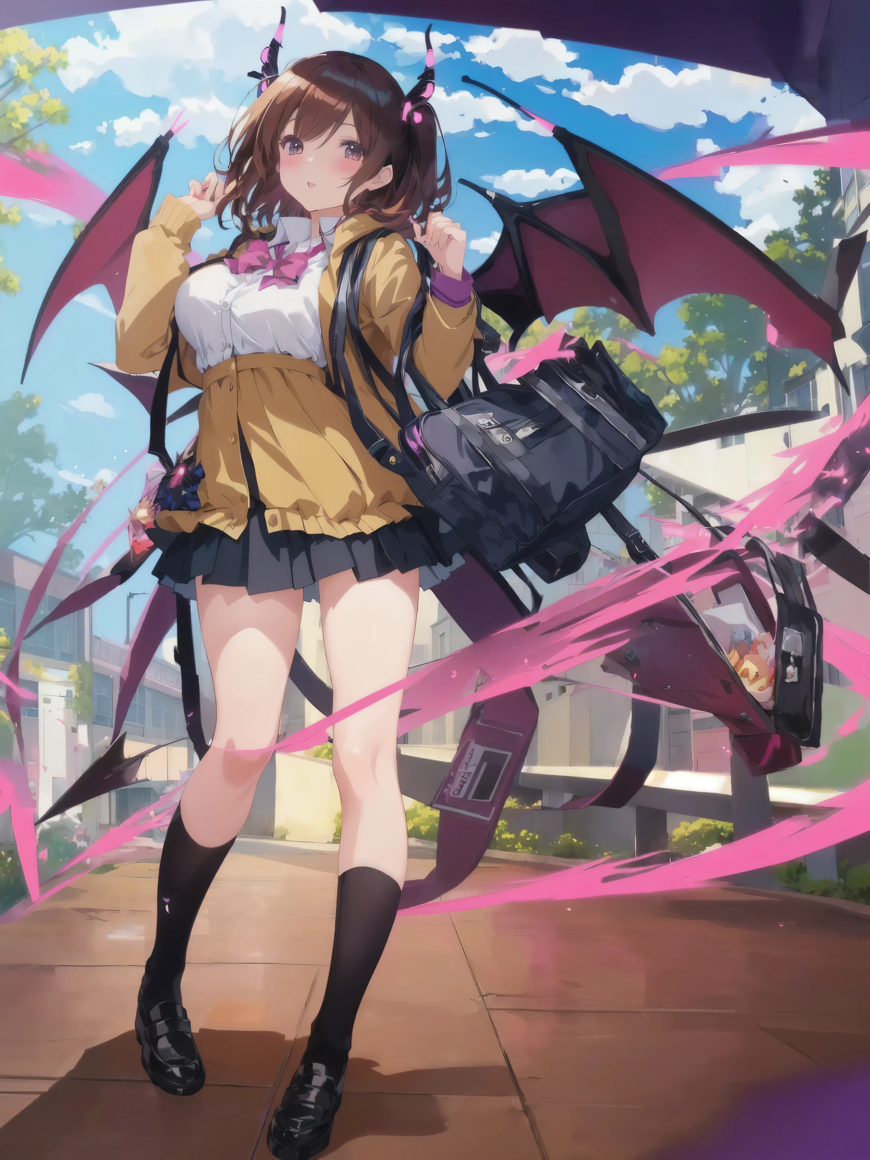 A woman wearing a short skirt and jacket and carrying a bag, Beautiful anime school girl, Anime Moe Art Style, Burning, insect trainer girl, Magic , Marin Kitagawa Fanart, hanayamata, High School days, Cute girl anime visuals, inspired Burning, Devil Anime Girl, My Dress Up Darling Anime