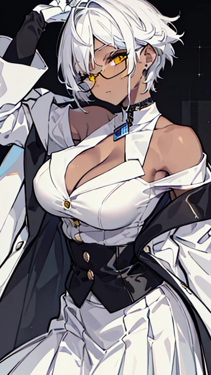(highest quality、masterpiece:1.2) 1 woman, (Dark skinned woman), short hair, white hair, yellow Eyes, (little glasses), ((white tailored jacket, black shirt, long skirt)), sharp eye, (cleavage), little earring, (off shoulder), leather gloves, domino mask, pose, stretch, naughty face, medium breasts
