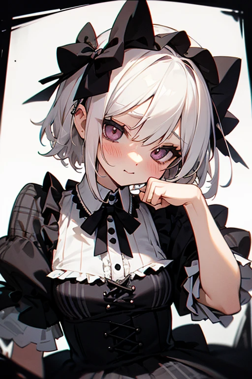 Short white hair, blush, Gothic ta、Punk Fashion、Headbang 2.、Plaid、Cute pose、