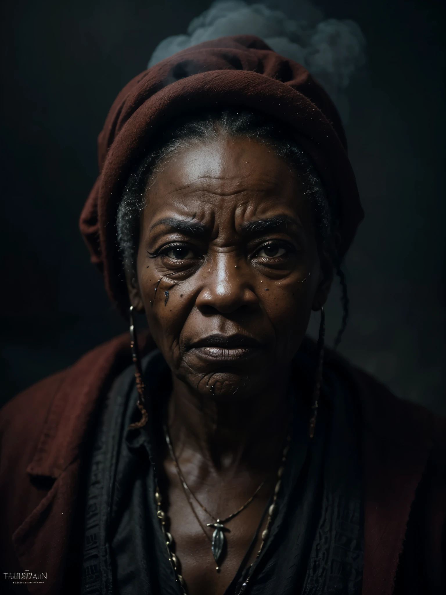 A highly detailed and hyper-realistic depiction of a disgusted old black skin queen with scars and wrinkles on her face. The character is surrounded by mist, evoking a mysterious and eerie atmosphere. The lighting is dark and atmospheric, with a red smoke adding a touch of sinister ambiance. The image is of the best quality, with a resolution of 4k and HDR enhancement, showcasing the utmost level of detail and realism, sfw