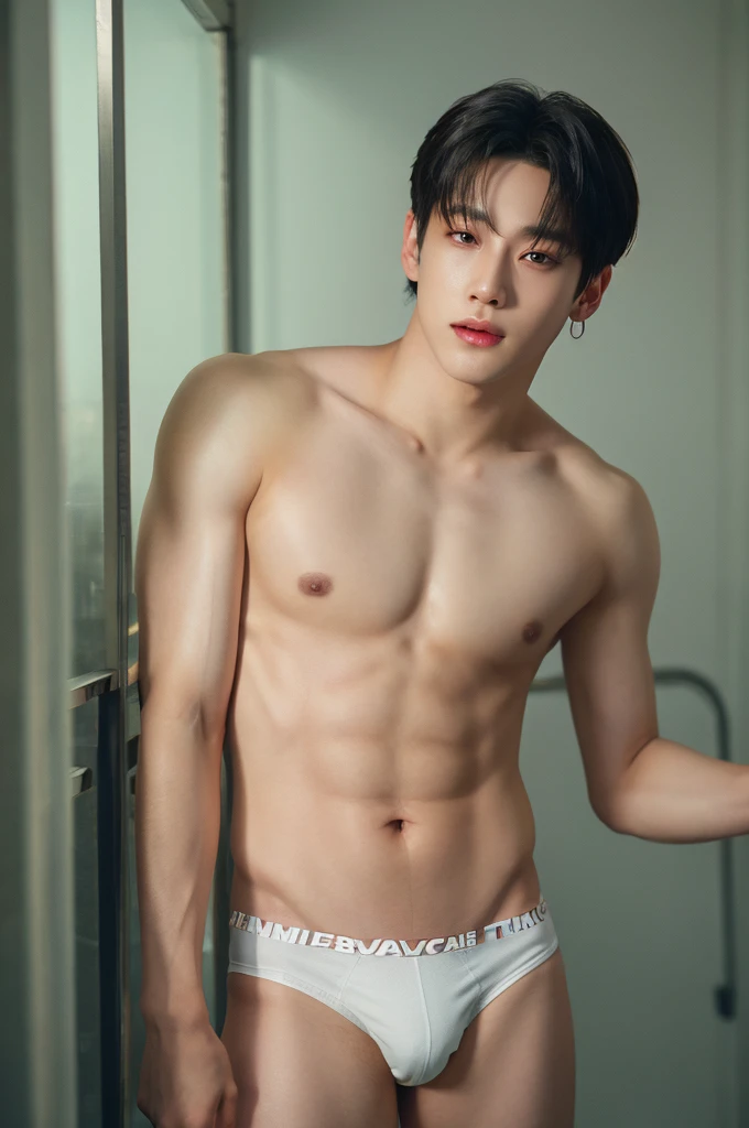 male, handsome, topless, white Jockstrap or thong, summer,(CGI ART:1.3),(REALISTIC:1.5), 8K, shiny skin.