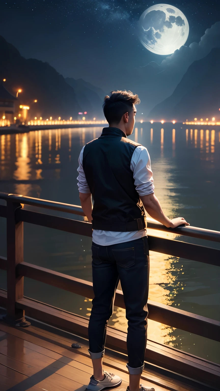 a man wearing hoodiet, standing on a yangtze river bridge, looking at the river with a cat looks at the river below, the sky is full of stars at night and full moonlight
