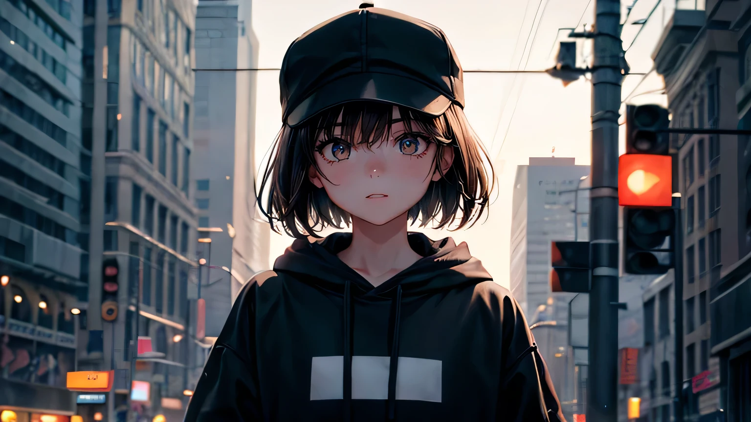 (oil, masterpiece, highest quality, Super detailed, Focus on the characters), One female,Brown super short hair,Large black hoodie,Plain black baseball cap,Detailed hair depiction,Neon Light,([return:0.8]|[ face facing returnwards:1.1]), ,([Night neon city scenario:1.2]|[ ground:1.3]| [High Contrast:1.1])  