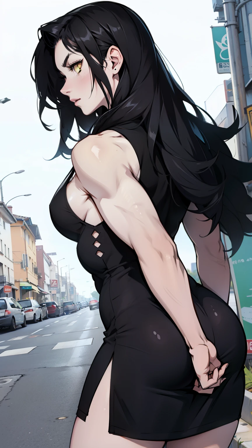 girl muscular thick black hair yellow eyes pale skin from behind tight dress