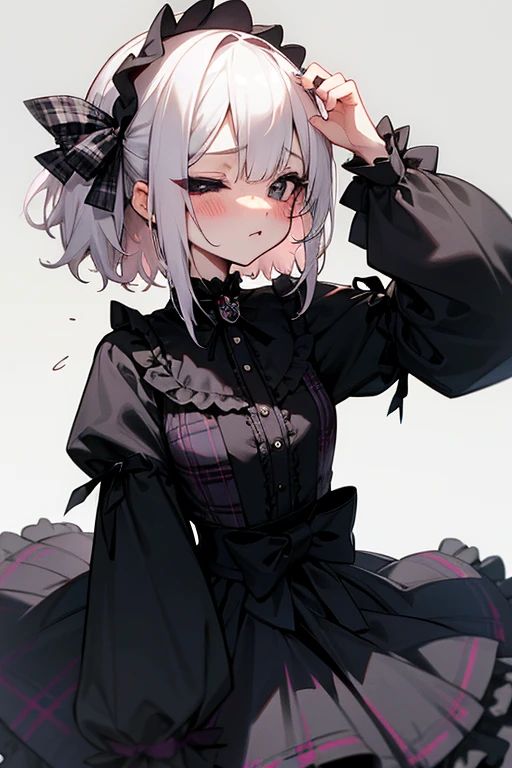 Short white hair, blush, Gothic Lolita、Punk Fashion、Headbang 2.、Plaid、