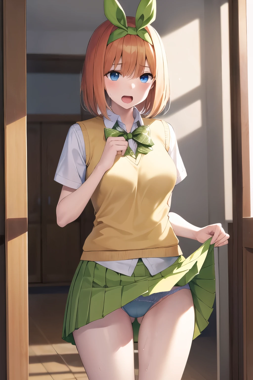 masterpiece, highest quality, High resolution, aayotsuba, short hair, Hair Ribbon, Green ribbon, hair band, Green ribbon, Collared shirt, Sweater vest, Yellow Sweater, Short sleeve, Green Skirt, Pleated skirt, Open your mouth, Skirt Lift,Panties in full view, Are standing, Back of the school building,Sweat