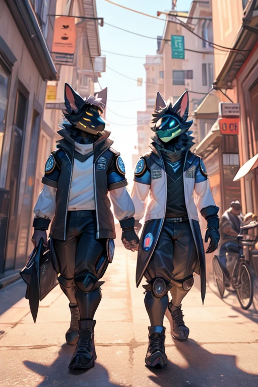 male protogen walking in a big city and see a friend