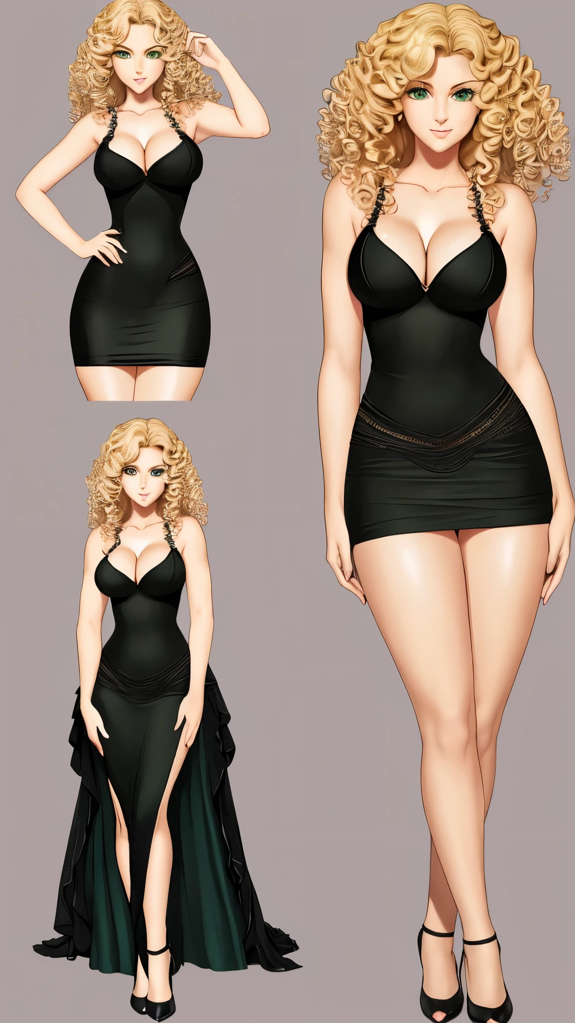 27 year old woman (curly blonde hair, almond-shaped green eyes, well-shaped mouth, medium breasts, thin waist, shapely hips, fair skin) with black party dress all the same, high shoes, full body character, character sheet in variations of poses, in a realistic style of visible face, (cinematic) photo 