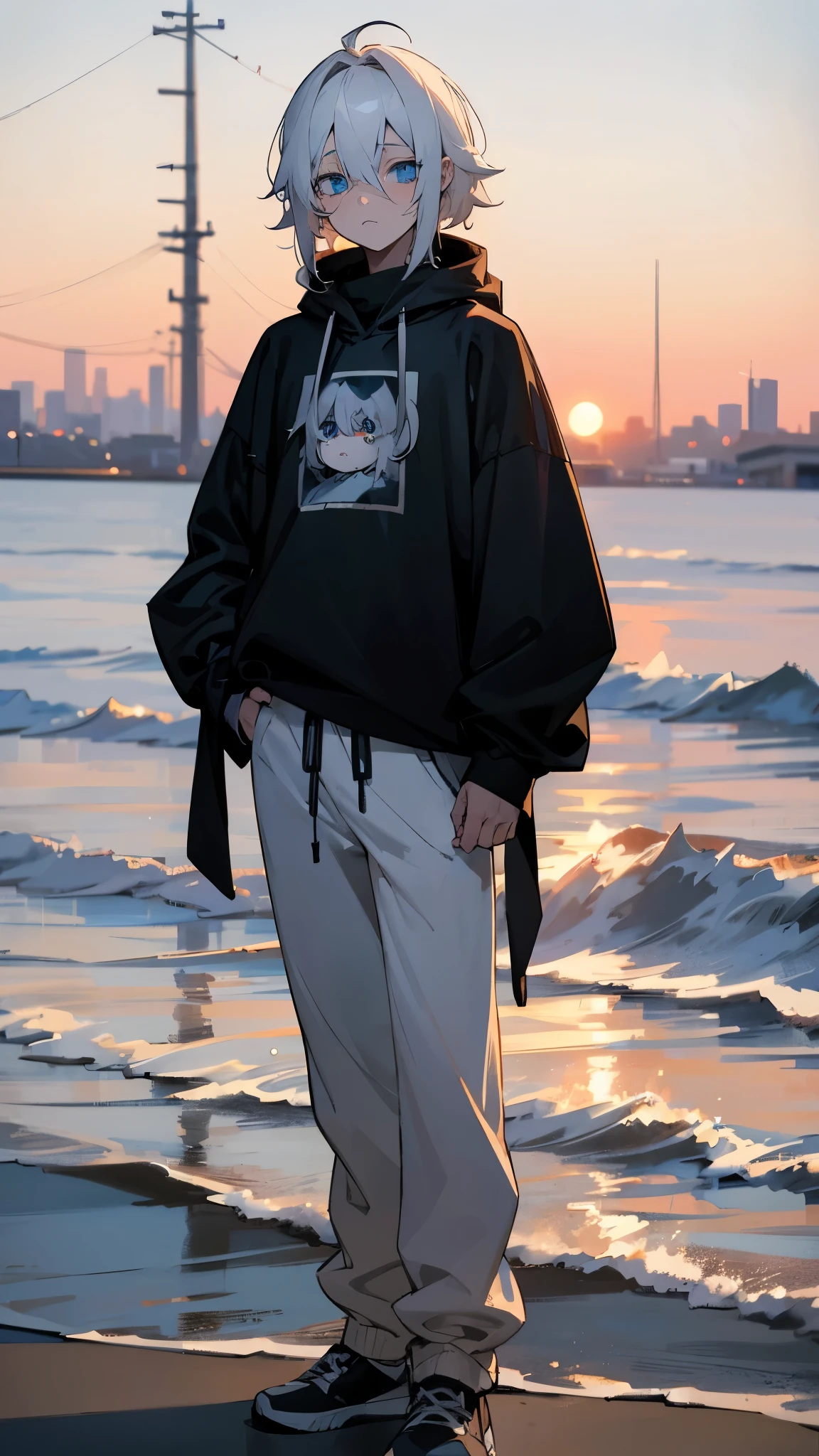 boy, blue eyes, white hair, dressed in a black sweatshirt, evening, standing, teenager, sweatpants, shaggy hair, thin, sunset, tired eyes, doll face, pale