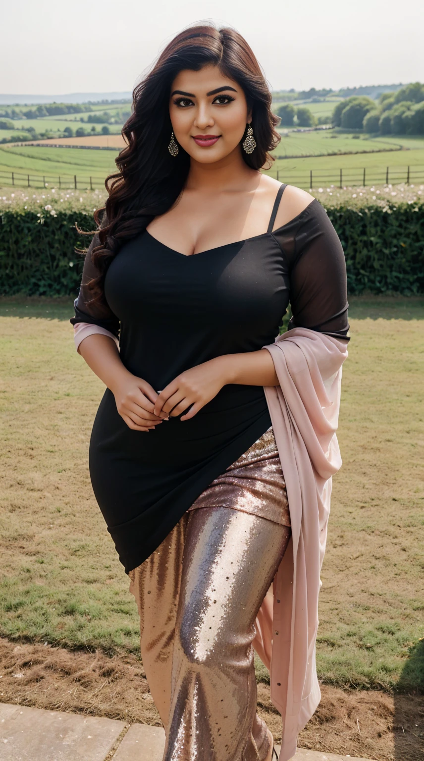 srabanti chatterjee Indian beautiful actress curvy plus size hour glass bulky figure woman, closeup camera view, Contrast Sequin High Low Hem Mesh Party Dress SKU: sz2306230524965611 After party dress GBP£42.49 Estimated -5% GBP£44.59 Including VAT Special Coupon GBP£2.10 OFF Color: Dusty Pink, different style hairstyle, bright eyes, thin eyebrows, fair skin, blushing cheeks, prefect head to toe view, full body view, Countryside Farm: A charming farm with barns, pastures, and rolling hills. smile face, black hair, Indian face, perfect skin tone light, ultra realistic skin texture