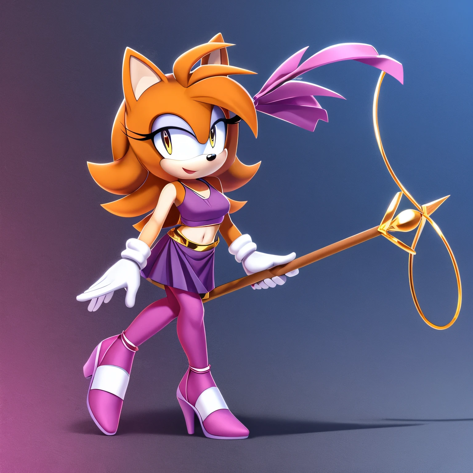 Female, Mobian, Hedgehog, orange fur, silver eyes, purple crop top with boob window,medium loose hair,perfect femenine shape,midriff,sleeveless, gloves with golden rings, dark purple tights, black waistband,purple skirt, pink heels shoes, (very long wavy quills), ((solo)), ((1girl)), confident expression, one hand holding a ribbon staff