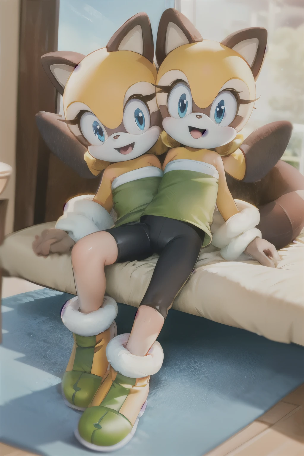 sthmarine, body fur, raccoon ears, raccoon tail, blue eyes, shirt, bike shorts, sitting, :d, bedroom, (2heads 1.5),