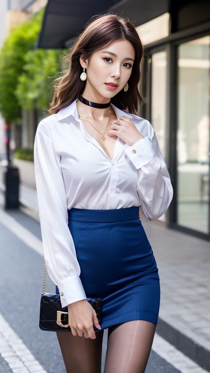 ((highest quality、masterpiece、Ultra-high resolution、8K、UHD))、1 girl、Delicate face、Detailed eyes and face、double eyelid、Pretty Face、Tall and beautiful woman、Long, slender legs、Slim and stylish、bewitching and sexy woman、Obscene、Erotic、(Transparent shirt with collar:1.2)、(Slim Abs:1.2)、(Blue Skirt:1.2)、((Shiny silk pantyhose))、High heels、Cleavage、Modern architecture in the background、Detailed Background、Tiffany Necklace、Earrings、bracelet
