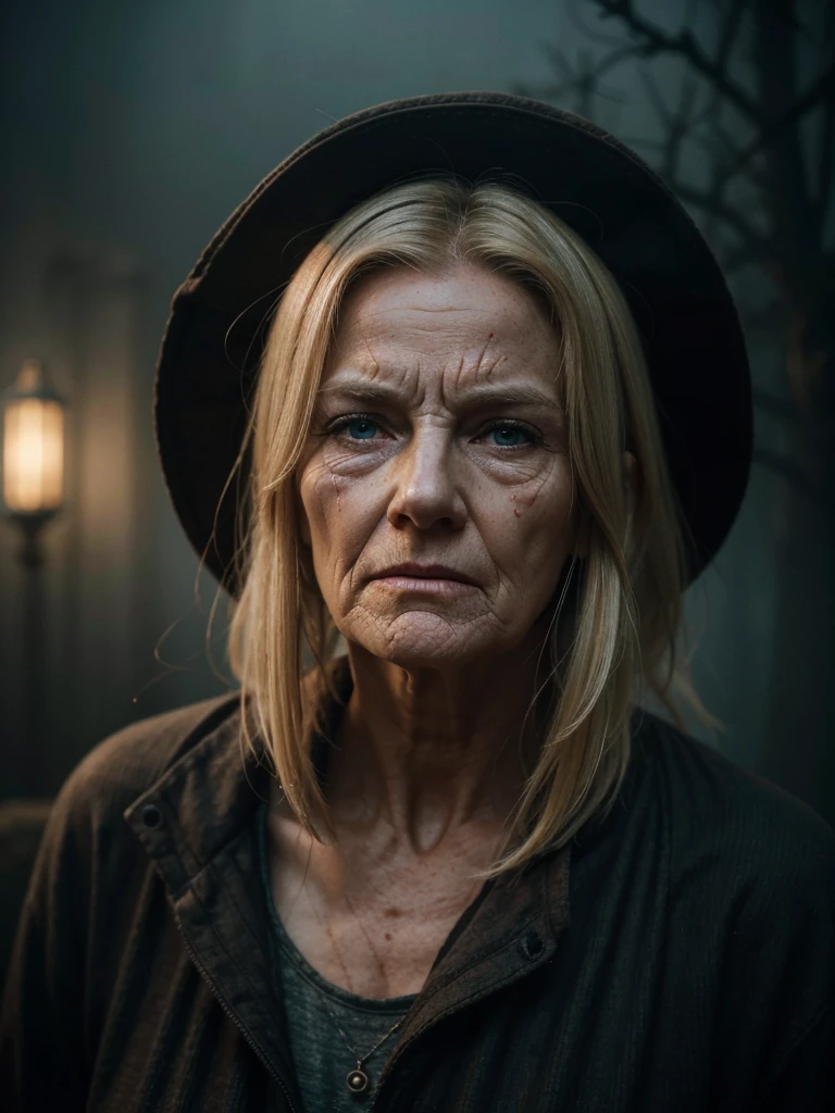 A highly detailed and hyper-realistic depiction of a disgusted old red skin blonde woman with scars and wrinkles on her face. The character is surrounded by mist, evoking a mysterious and eerie atmosphere. The lighting is dark and atmospheric, with a red smoke adding a touch of sinister ambiance. The image is of the best quality, with a resolution of 4k and HDR enhancement, showcasing the utmost level of detail and realism, sfw, full body shot.