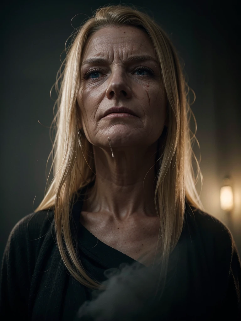 A highly detailed and hyper-realistic depiction of a disgusted old red skin blonde woman with scars and wrinkles on her face. The character is surrounded by mist, evoking a mysterious and eerie atmosphere. The lighting is dark and atmospheric, with a red smoke adding a touch of sinister ambiance. The image is of the best quality, with a resolution of 4k and HDR enhancement, showcasing the utmost level of detail and realism, sfw, full body shot.