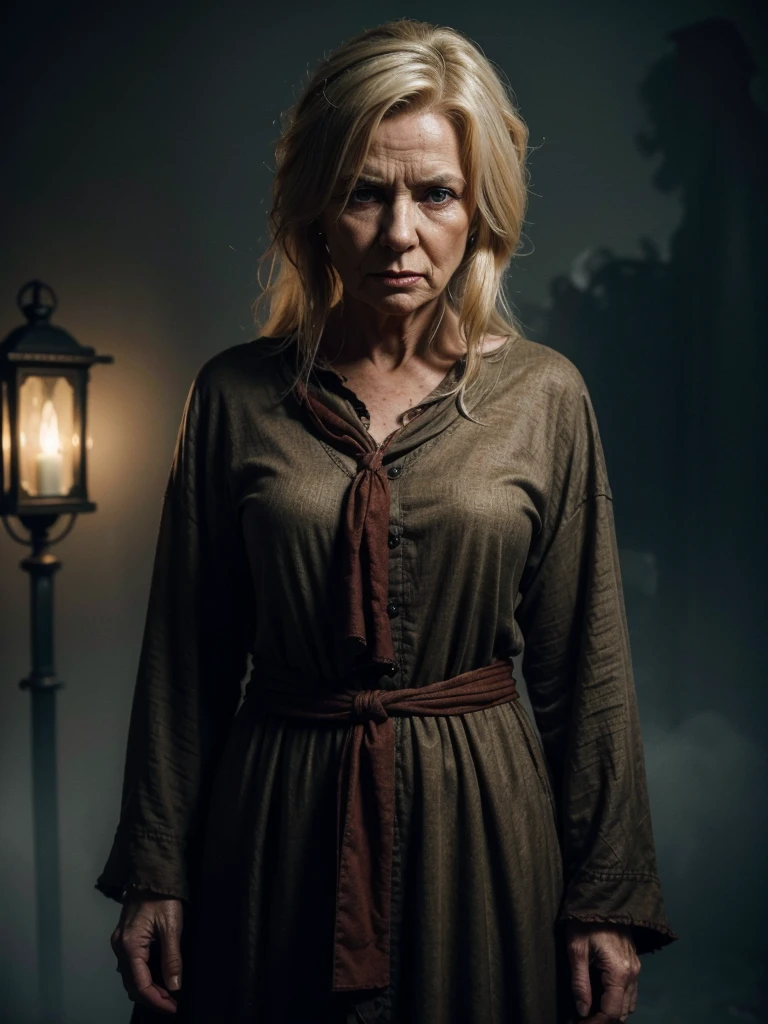 A highly detailed and hyper-realistic depiction of a disgusted old red skin blonde woman with scars and wrinkles on her face. The character is surrounded by mist, evoking a mysterious and eerie atmosphere. The lighting is dark and atmospheric, with a red smoke adding a touch of sinister ambiance. The image is of the best quality, with a resolution of 4k and HDR enhancement, showcasing the utmost level of detail and realism, sfw, full body shot.