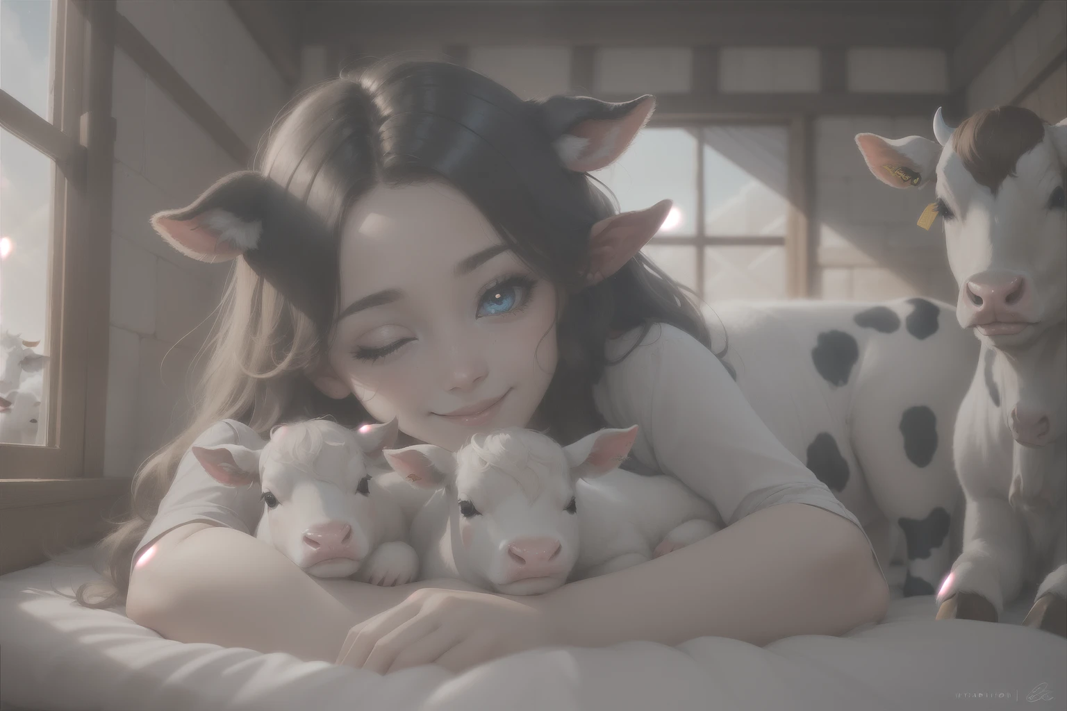 This is a cozy and happy image of ((a woman)) curled up next to an adorable calf. The woman is lovely with interesting and beautiful eyes and puffy lips. Her eyes are (colorful) and have interesting color combinations. The calf is sleepy and cute, with detailed eyes and cow markings. Include many cozy and peaceful details. Include warm, peaceful, pretty, elegant, baby cow, lovely woman, smile lines, god rays, rays of light, shimmer, ((masterpiece)), best quality, ultra detailed. Perspective places the woman and the calf in the center of the image. Utilize dynamic composition and cinematic lighting techniques. ((cute baby cow)), perfect cow