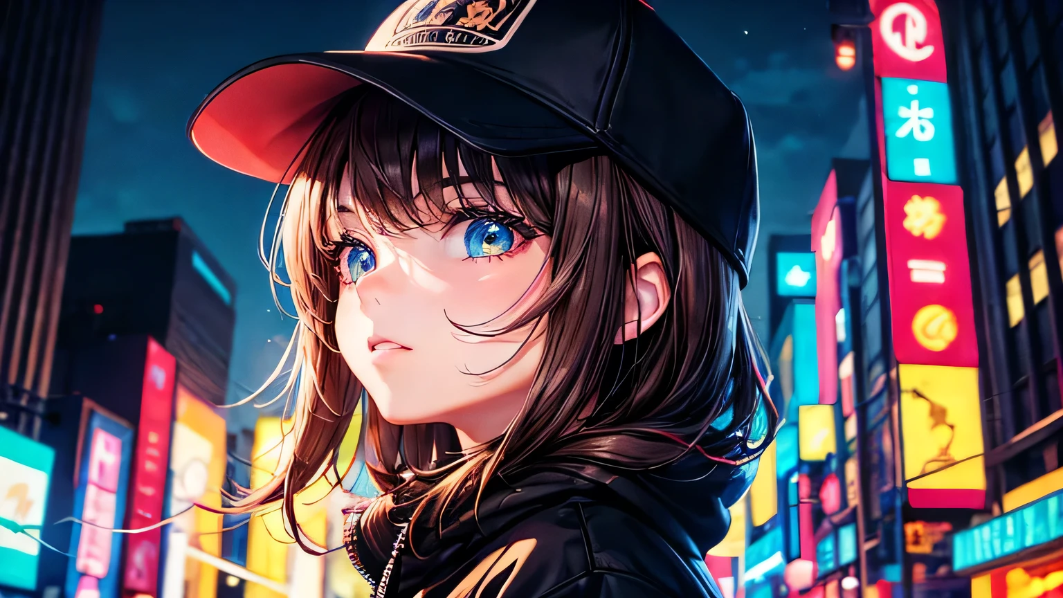 (oil, masterpiece, highest quality, Super detailed, Focus on the characters), 30 years old,One female,Brown Hair,Large black hoodie,Plain black baseball cap,Detailed hair depiction,Neon Light,([return:0.8]|[ face facing returnwards:1.1]), ,([Night neon city scenario:1.2]|[ ground:1.3]| [High Contrast:1.1])  