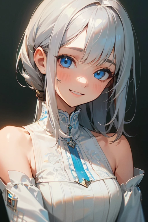 (masterpiece: 1.2, highest quality), (Actual Photos, Intricate details), 1. woman, alone, Upper Body, casual, Shoulder-length hair, Minimal makeup, Natural materials, Face close-up, smile, Home, Gray Hair, blue eyes, Shoulder Bare、Surprised face、Smiling with teeth showing、