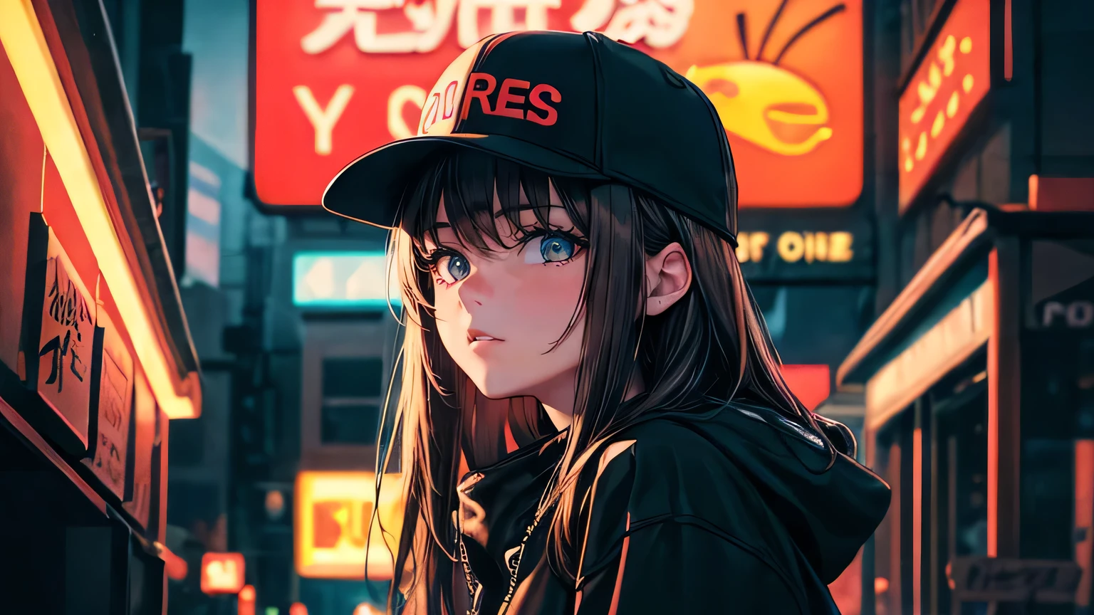 (oil, masterpiece, highest quality, Super detailed, Focus on the characters), One 30-year-old woman,Brown Hair,Large black hoodie,Plain black baseball cap,Detailed hair depiction,Neon Light,([return:0.8]|[ face facing returnwards:1.1]), ,([Night neon city scenario:1.2]|[ ground:1.3]| [High Contrast:1.1])  