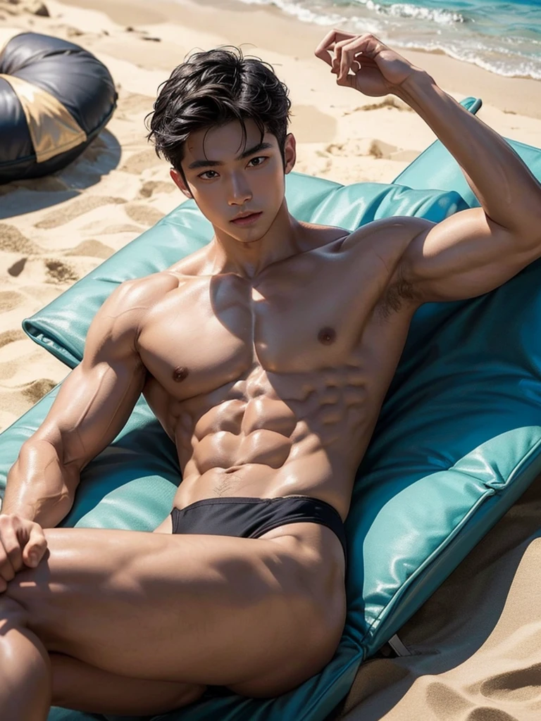 Masterpiece, Best Quality, Solo, Asian Model Men, muscular, white skin, smooth underarm, beach background, lying, good lighting, Natural eyes, Short and delicate black hair, Sexy Man, looking at the viewer, shirtless, sexy bikini, Small plots, Muscular posture, pubes